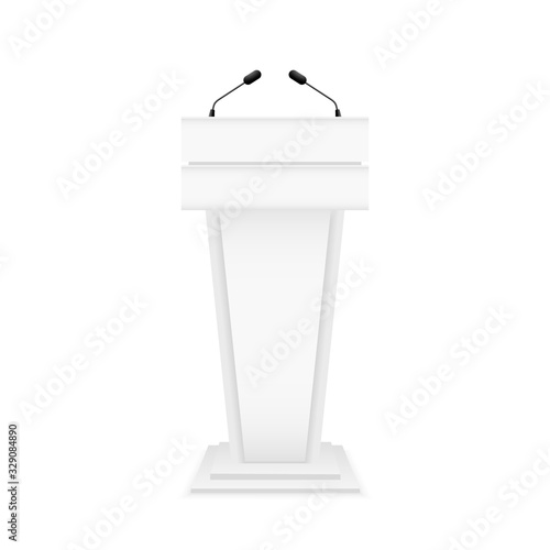 White podium tribune with microphones. Wooden stage isolated on white background. Empty rostrum speech for orator. Pedestal for lecture, seminar, conference, debate. Microphones for speaker. Vector.