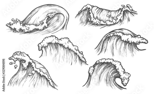 Waves, sea water splashes ocean tide surfs, sketch