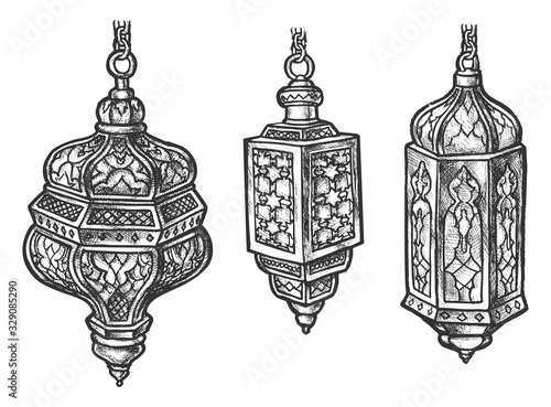 Arabic lantern lamps with Arab ornaments, sketch