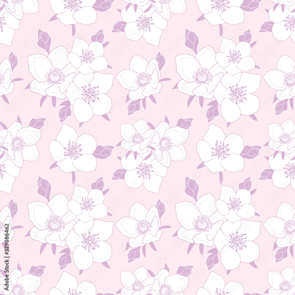 White and pastel purple anemone seamless pattern on light pink background White and pastel purple anemone seamless pattern on light pink background