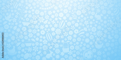 Background of small flowers and eggs, cake, hare, hen, chicken and other Easter symbols in light blue colors