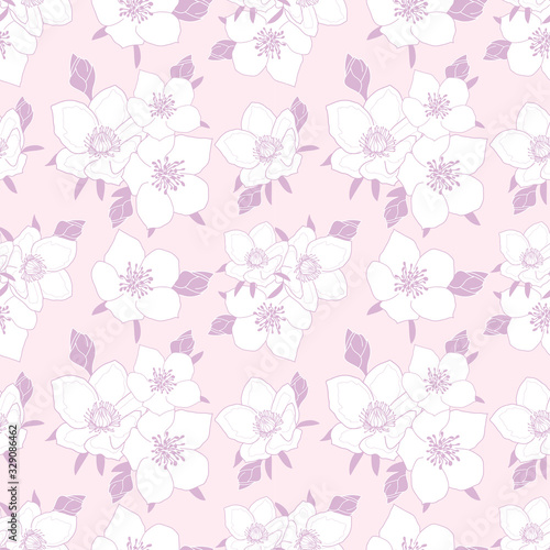 White and pastel purple anemone seamless pattern on light pink background