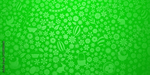 Background of small flowers and eggs, cake, hare, hen, chicken and other Easter symbols in green colors
