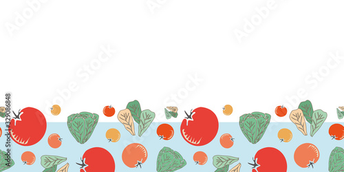 Fresh Vegetables Border-Vegi Delight, seamless repeat pattern illustration. Modern pattern border in red, green orange and blue. Modern pattern border. Perfect for fabric, scrapbook, wallpaper. photo