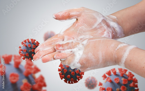 Hygiene concept. Woman is washing her hands. Many viruses around photo