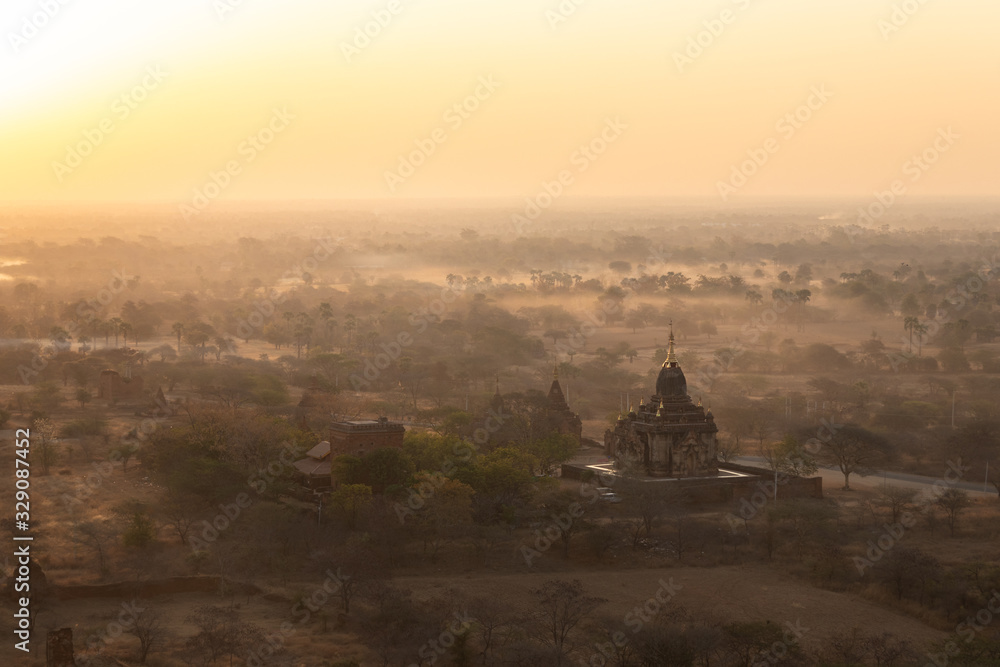 Beautiful View of Bagan Temples Pagodas Stupas at Sunrise