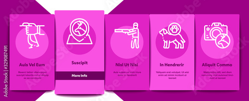 Hunting Equipment Onboarding Mobile App Page Screen Vector. Hunting Gun And Knife, Bullet And Trap, Dog And Deer, Photo Camera And Magnifier Concept Linear Pictograms. Color Contour Illustrations