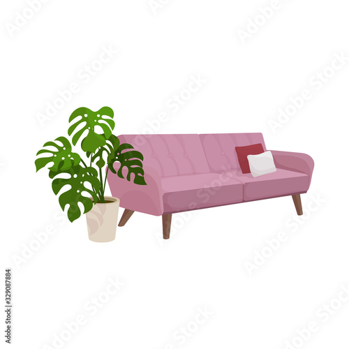 Vector illustration of a pink sofa side view in cartoon style. Couch and flowerpot with monstera leaves. Furniture for interiorIsolated on a white background.