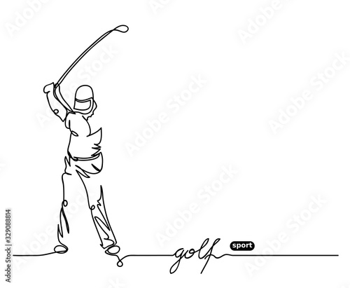 Golf player simple background. Vector minimalistic banner. Golf sport event. One continuous line drawing.