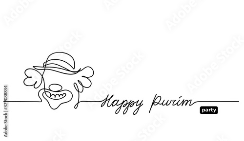 Simple black and white clown sketch, doodle. Happy purim vector background with clown. One continuous line drawing with lettering Happy purim