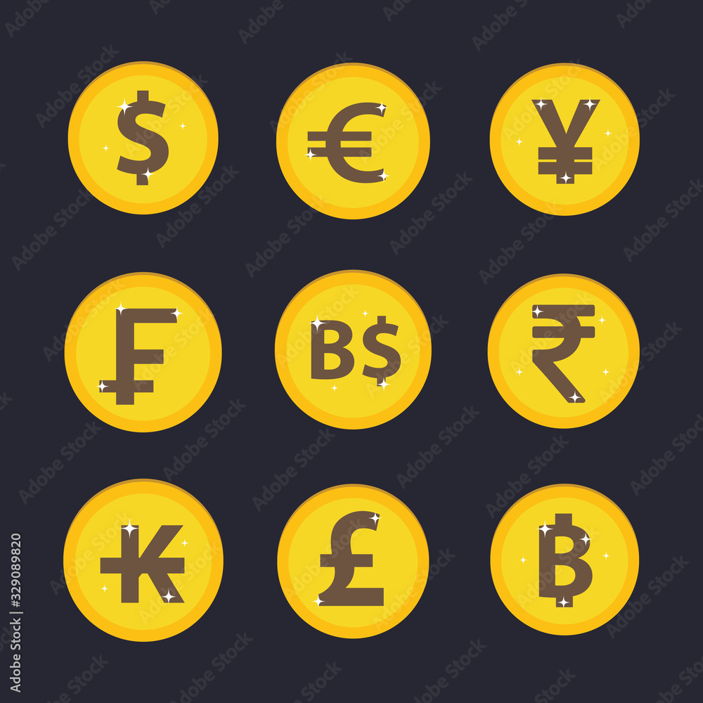 World currency symbol and coins set World currency symbol and coins set