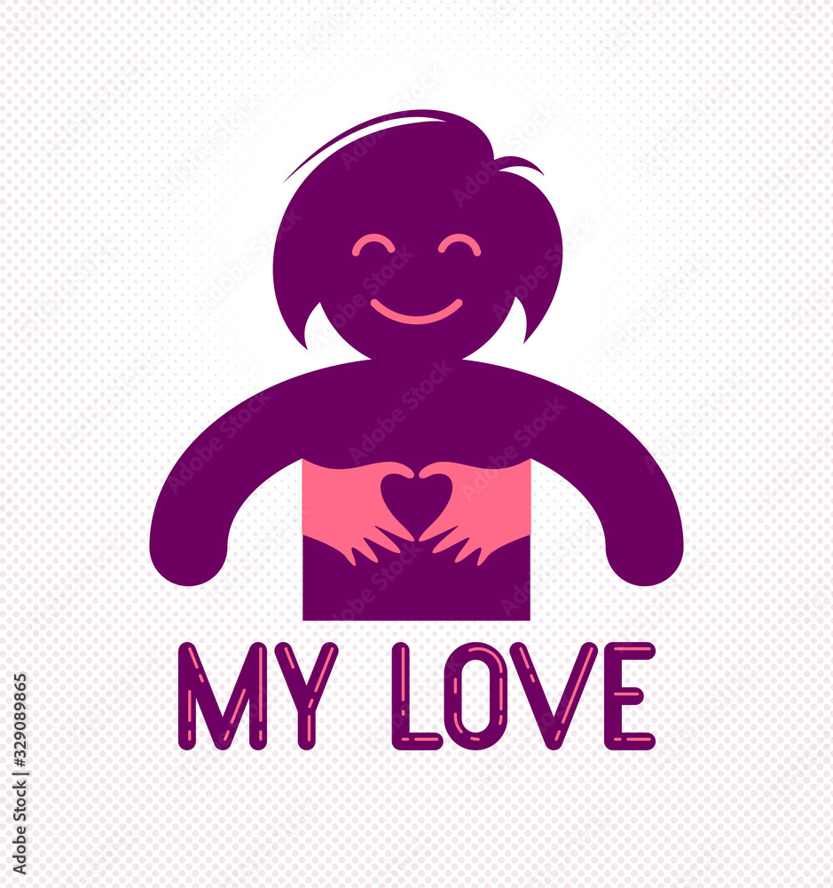Love arms hugging lover shows heart shape gesture hands, lover woman hugging her mate and shares love, vector icon logo or illustration in simplistic symbolic style.