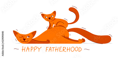 Fatherhood and parenting family concept, vector illustration father cat and kitten son plays together happy.