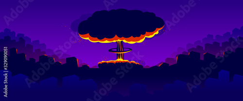 Nuclear explosion vector illustration, apocalypse theme, world war 3, atomic bomb mushroom Armageddon.