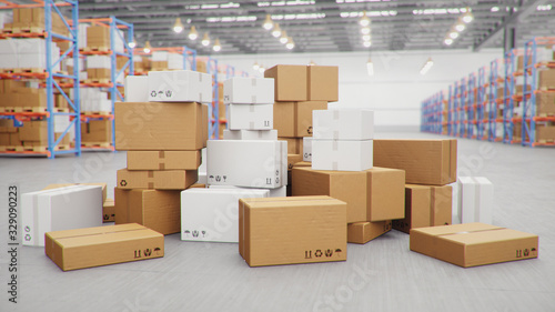 Obraz na plátně 3D Illustration packages delivery, parcels transportation system concept, heap of cardboard boxes in middle of the warehouse