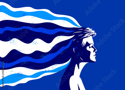 Woman profile with abstract fluid shapes in motion from his head vector illustration, mindfulness philosophical and psychological theme, meditation and awareness.