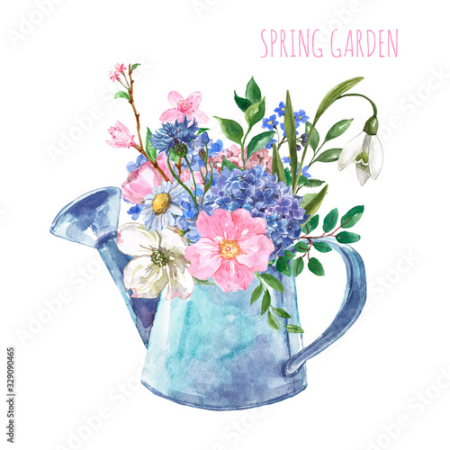 Watercolor beautiful floral bouquet in a watering can illustration, isolated ...