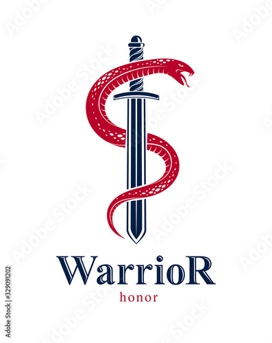 Snake and Dagger, Serpent wraps around a sword vector vintage tattoo, Roman god Mercury, luck and trickery, allegorical logo or emblem of ancient symbol.