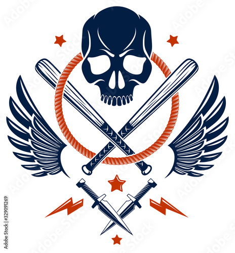 Criminal tattoo ,gang emblem or logo with aggressive skull baseball bats and other weapons and design elements, vector, bandit ghetto vintage style, gangster anarchy or mafia theme.