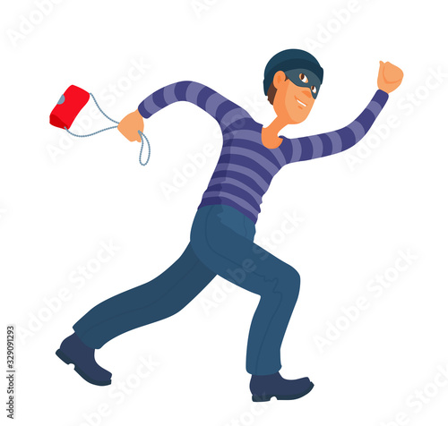 A thief running with a women's handbag in a hand, looking back. A robber running. The cartoon bandit wears a mask, a cap, a striped sweater.