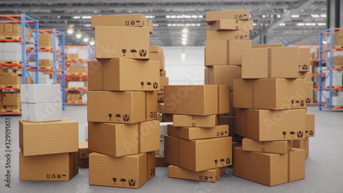 3D Illustration packages delivery, parcels transportation system concept, heap of cardboard boxes in middle of the warehouse. Warehouse with cardboard boxes inside on pallets racks. Huge warehouse. © rost9
