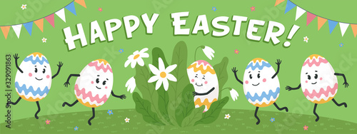 Happy easter greeting card. Colored eggs with cute faces dancing on a green l...