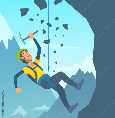 A man climber falls off a cliff in panic. Climbing accident. The rock is showered with stones. Mountains and blue sky in the background. The danger of the extreme sport.