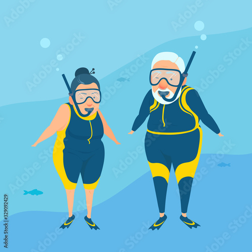 Senior adult divers underwater. An active happy elderly couple diving in the sea. Grandma and grandpa in a snorkel suit, diving wetsuit. People doing snorkeling. Vector cartoon illustration.