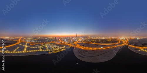 Canvas Print 360 panorama by 180 degrees angle seamless panorama of aerial view of Dubai Downtown skyline and highway, United Arab Emirates or UAE