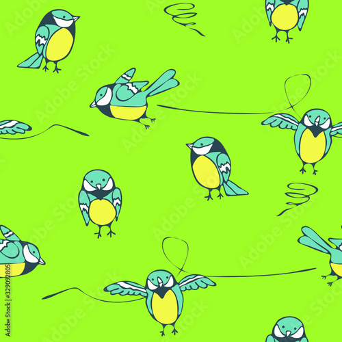 Seamless vector pattern with titmouse on green background. Cartoon funny birds wallpaper design for children. Ideal for fabric, fashion, textile.