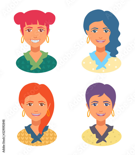 Teenager girls portraits with dental aligner braces. Straightening teeth. Young woman cute avatar. Casual clothes, different colorful haircuts. Vector cartoon illustration isolated on white.