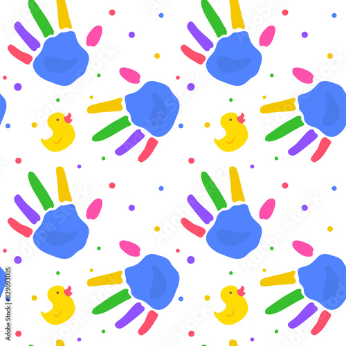 Seamless pattern. Colorful prints of a kid s palm. Multicolored children s handprints. Vector illustration isolated on a white background.