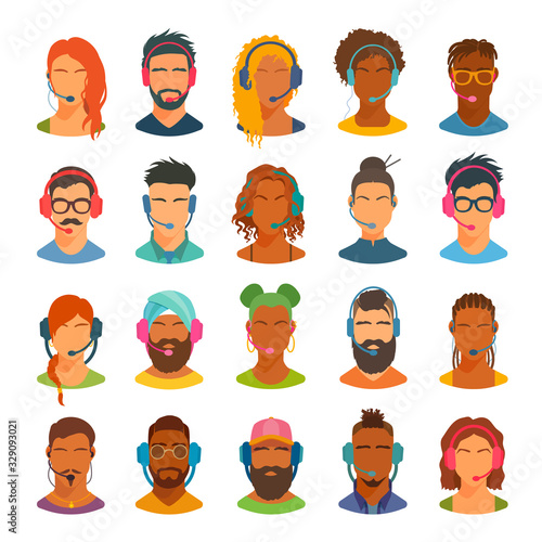 Various avatars icons. Peoples of different nations with mic headsets without faces. Male, female persons with headphones listen to music, speak. Call center consultant, operator, support.