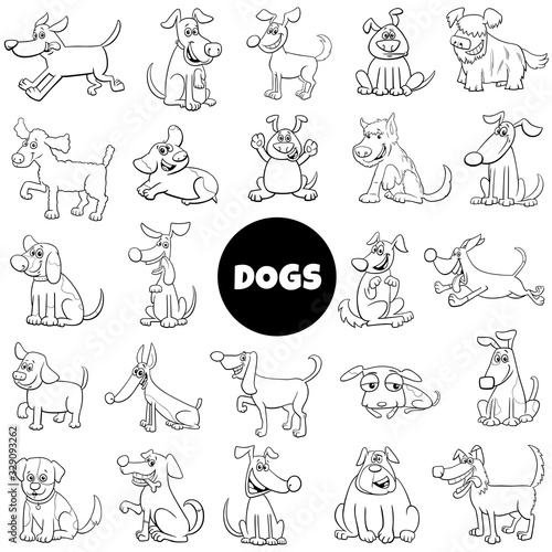 black and white cartoon dog characters large set