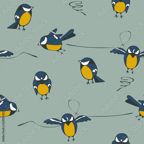 Seamless vector pattern with cartoon titmouse on grey background. Hand drown wallpaper design with funny birds. Ideal for children fabric, fashion, textile.
