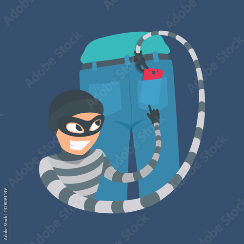 Pickpocket thief pulls a smartphone from back pocket jeans. The criminal in a mask, a cap, a striped turtleneck smiles. A robber pickpocketing, stealing a phone. Vector cartoon illustration. 