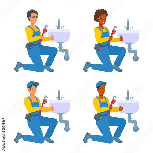 Plumbing repairman kneeling near a sink with a water pipe. Cheerful workers with a wrench in their hands. Male, female plumbers kneel. Handyman with tools. Vector cartoon isolated illustration.