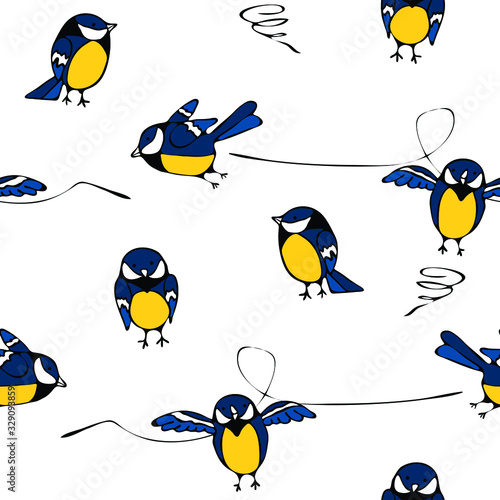 Seamless vector pattern with tit birds having fun on white background. Simple cartoon bluebirds repeat wallpaper design. 