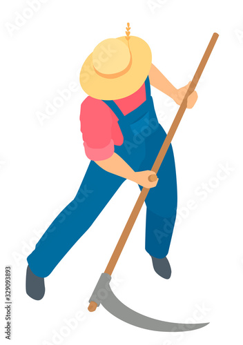 A man in coveralls and a straw hat mow the grass with a hand scythe. Vector cartoon illustration.
