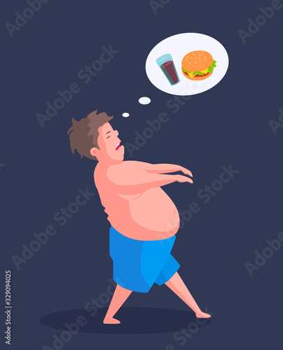 A hungry sleepwalker man in underwear dream about fast food. A sleepwalking overweight person. Unhealthy addiction. Vector cartoon illustration on a dark background.