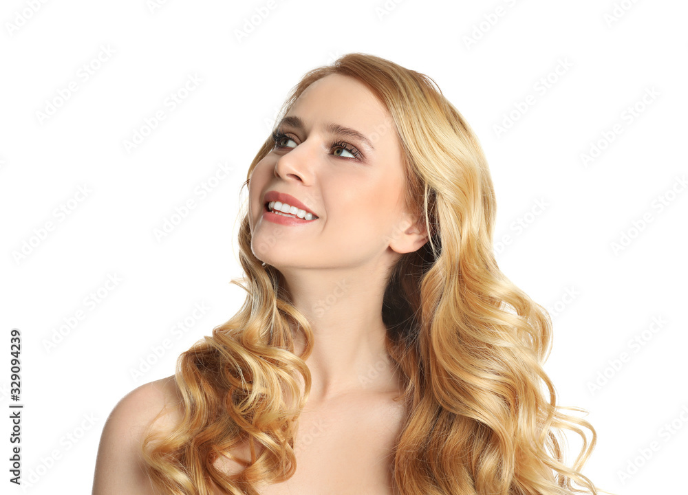 Portrait of beautiful woman with long blonde hair on white background Portrait of beautiful woman with long blonde hair on white background