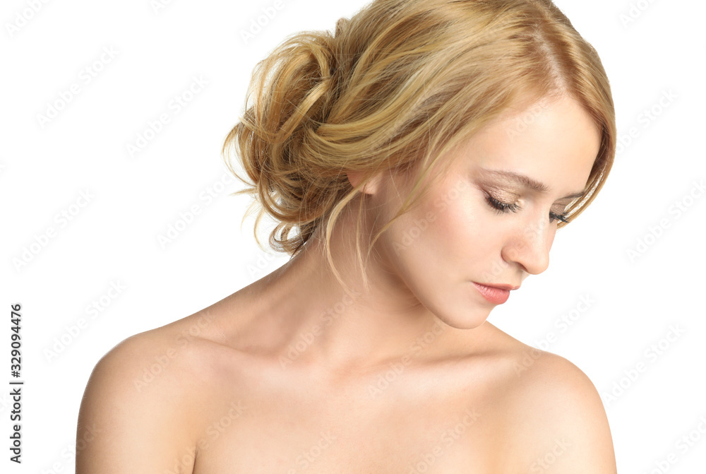 Portrait of beautiful woman with blonde hair on white background Portrait of beautiful woman with blonde hair on white background