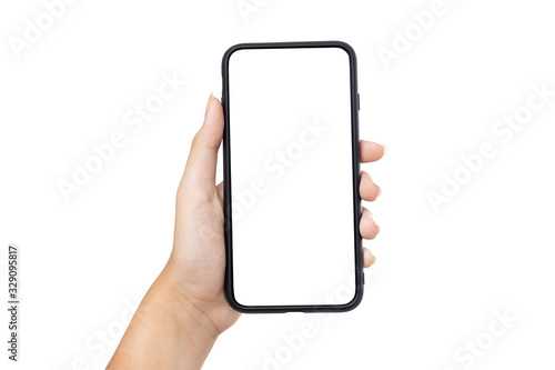 Hand young woman holding mobile smartphone with blank screen isolated on white background with clipping path