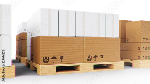 Cardboard boxes on wooden pallets isolated on a white background. Cardboard boxes for the delivery of goods. Packages delivery, parcels transportation system concept, 3D illustration © rost9