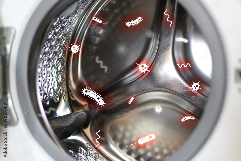 Obraz premium Washing machine with bacteria and fungi inside. Bacteria that are in the washing machine.
