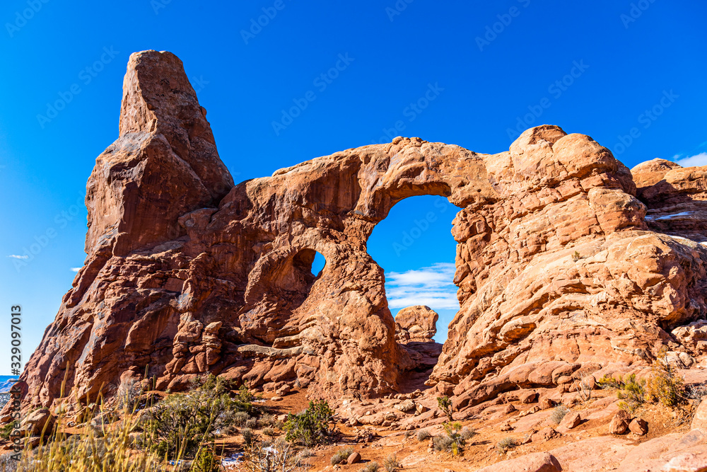 Picture of Turret Arch in the Arches National Park in Utah in winter