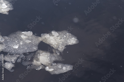 Ice floats on black water. Spring ice on the river. early spring. Close-up photo.