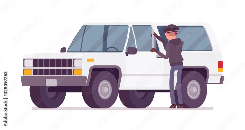 Motor vehicle theft. Masked man committing criminal act of stealing or attempting to steal a car, smart thief unlocking auto with a steel scale. Vector flat style cartoon illustration