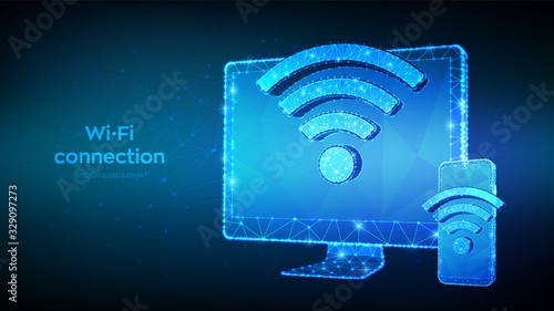 Wireless connection free WiFi concept. Abstract low polygonal computer monitor and smartphone with wi-fi sign. Hotspot signal symbol. Mobile connection zone. Public assess zone. Vector illustration.