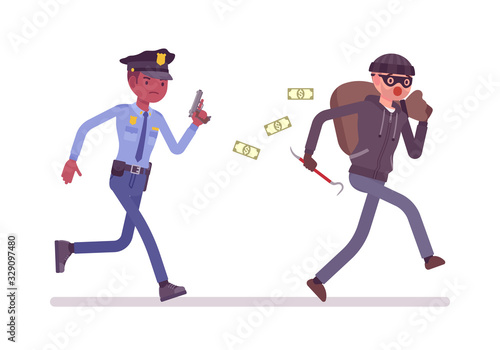 Thief and a policeman chase. Police officer pursuing to capture masked burglar committing robbery, bandit with a stolen money sack, cop chasing running criminal. Vector flat style cartoon illustration